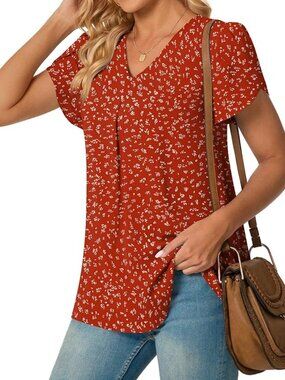 Anyally Women's Summer Dressy Chiffon Blouse V Neck Short Sleeve Tunic Top L